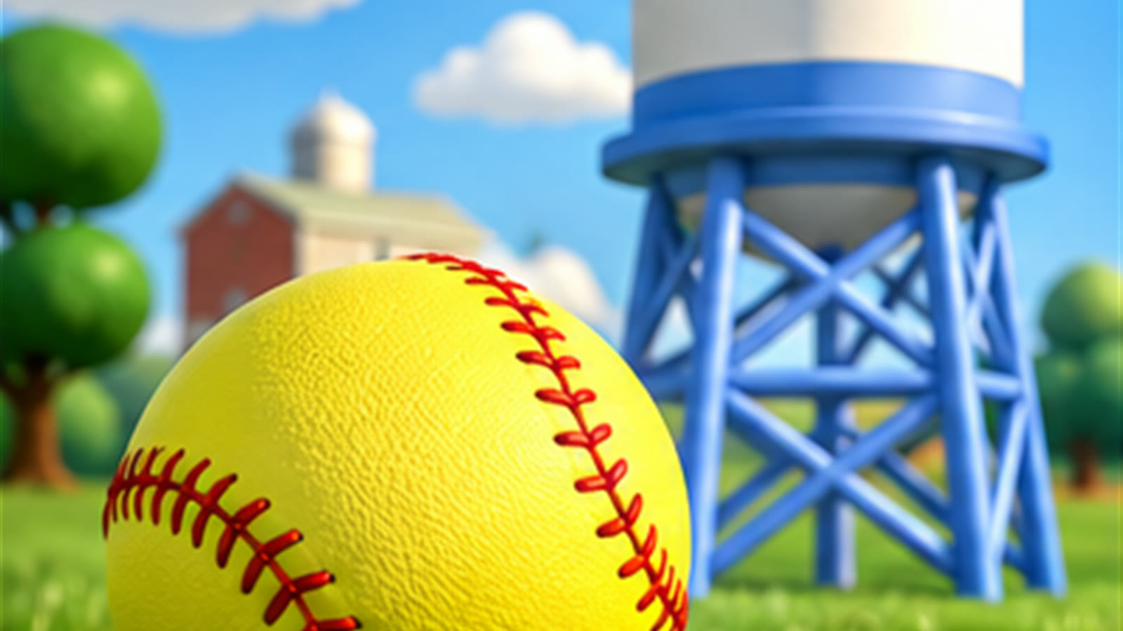 A yellow softball resting in the grass in front of a blue water tower