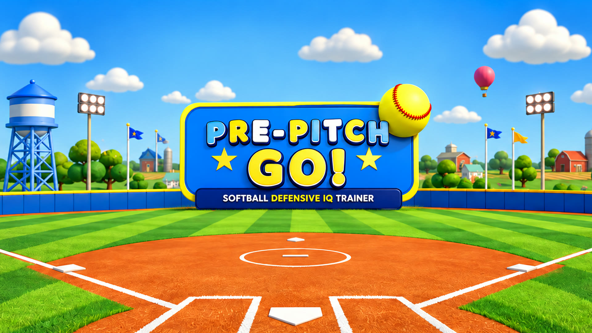 Pre-Pitch GO! title art on a sunny ballfield